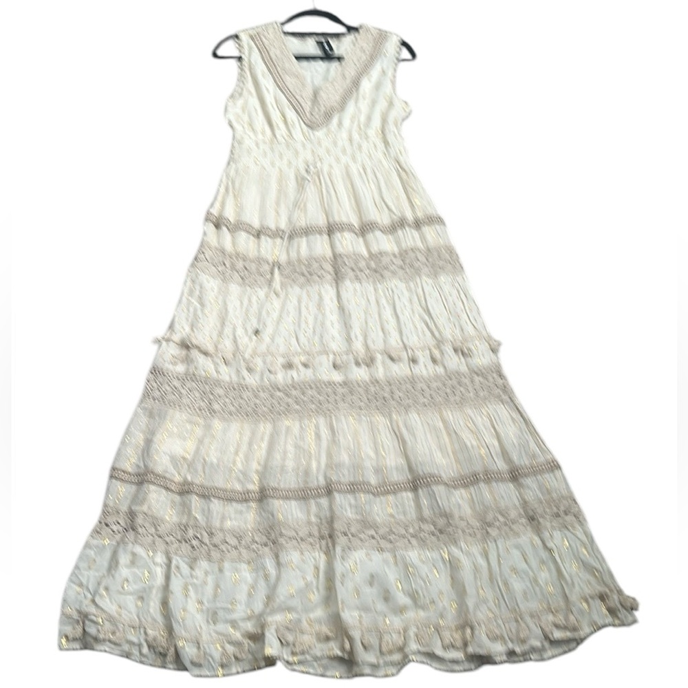 Me 2 magic Elegant ivory metallic tiered crochet Maxi Dress s xL boho vacation - Picture 2 of 16
